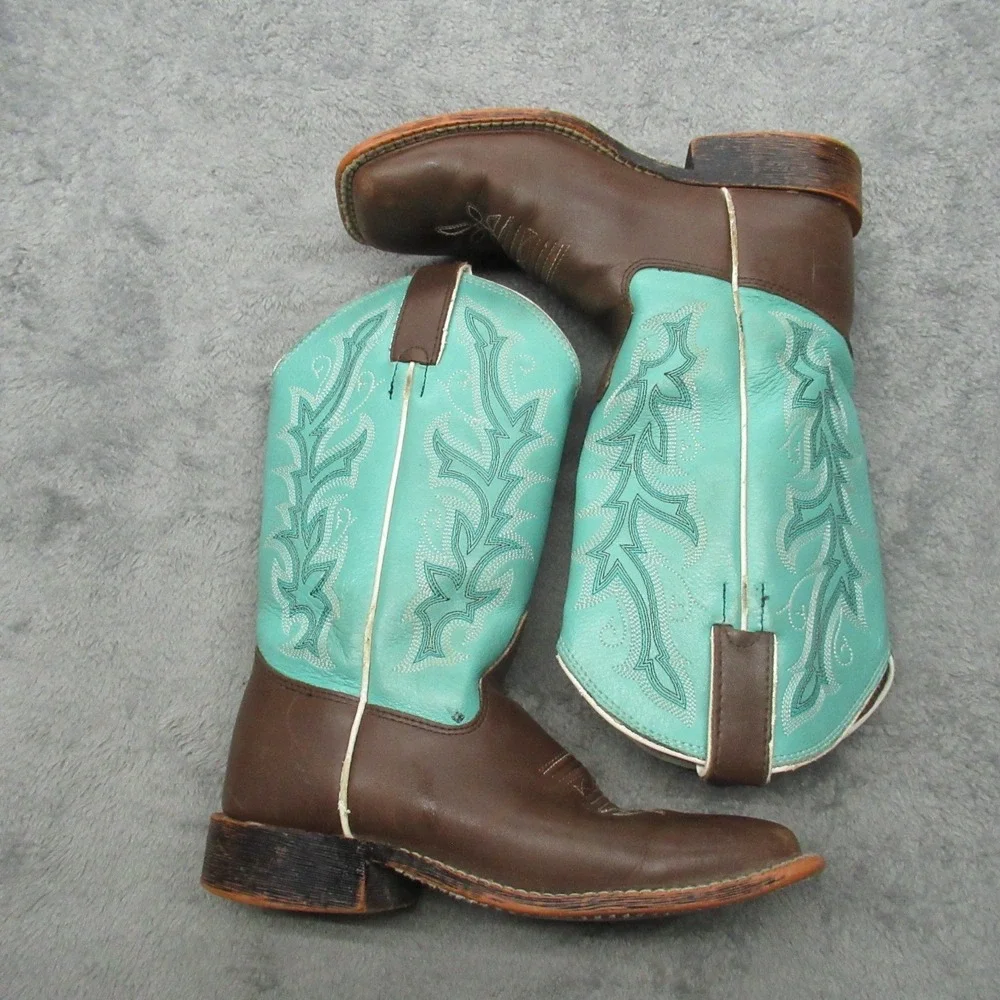 Justin Cowboy Boot Youth 1D Square Toe Brown Turquoise Western Embroidery Riding